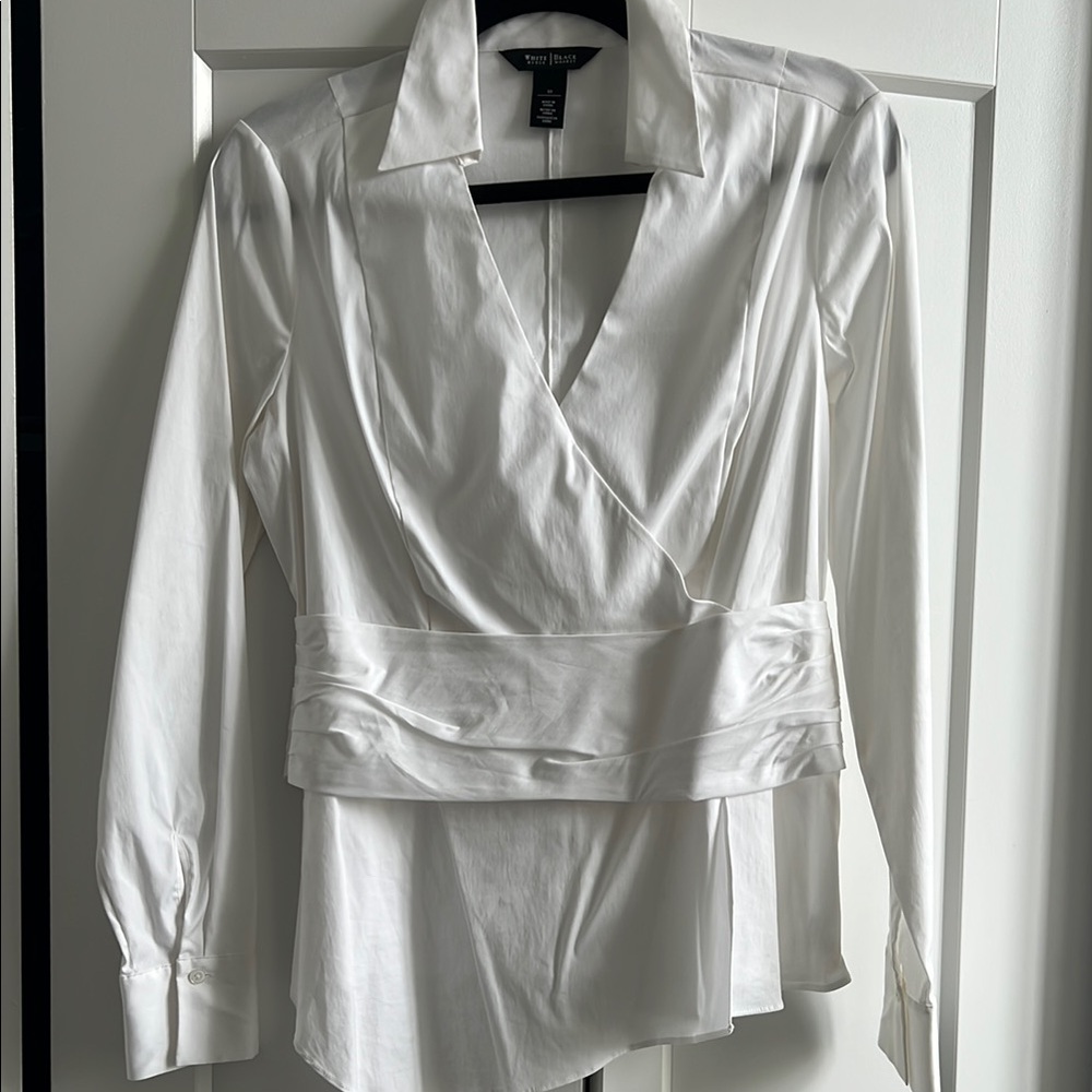 White House Black Market Satin Wrap Top in White